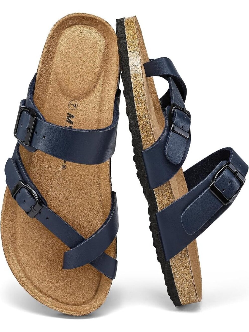 Women Navy Blue Double Adjustable Buckle Slide Cork Footbed Slip On Sandal Shoes